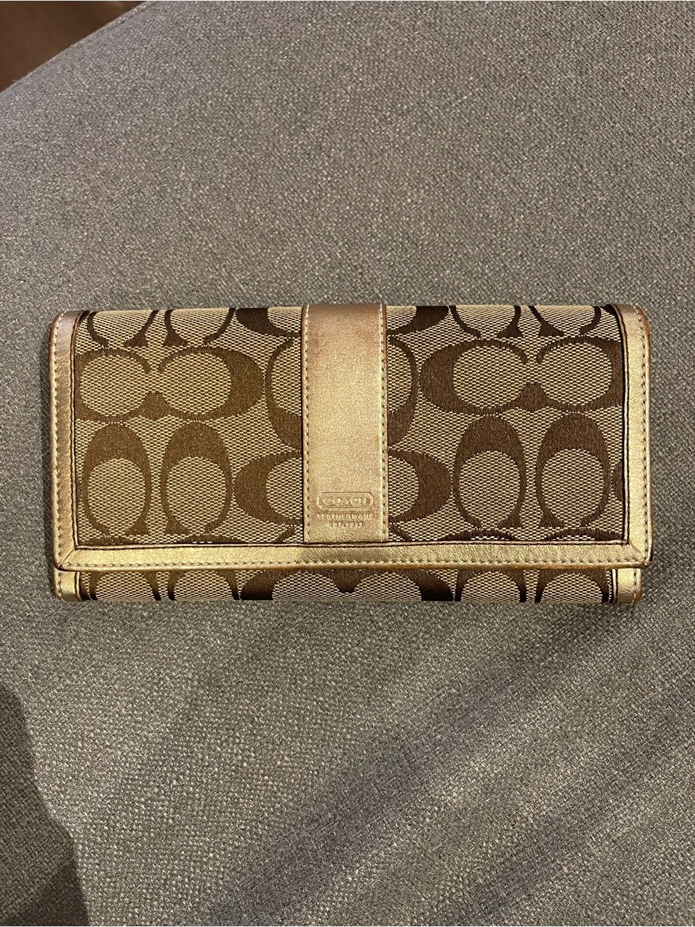 Coach Brown Signature Canvas Continental Wallet with Gold Trim